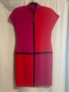 Chetta B Colorblock Pink and Red Shift Dress with Sequin Trim